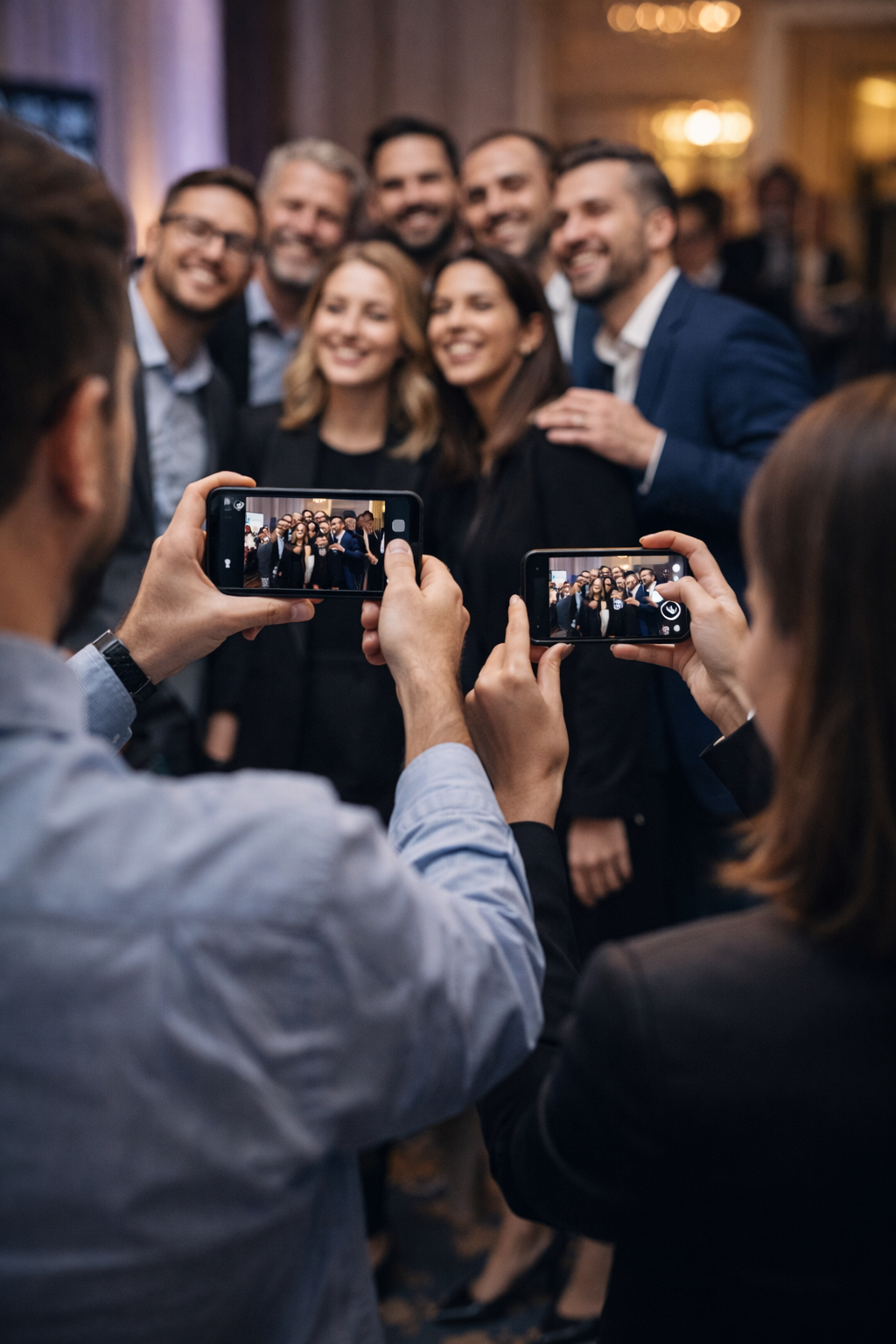 Participanți la un eveniment corporate care fotografiază un grup folosind telefoanele și încarcă imaginile într-o galerie foto digitală
